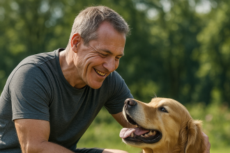 Chien heureux jouant dans un jardin ensoleillé