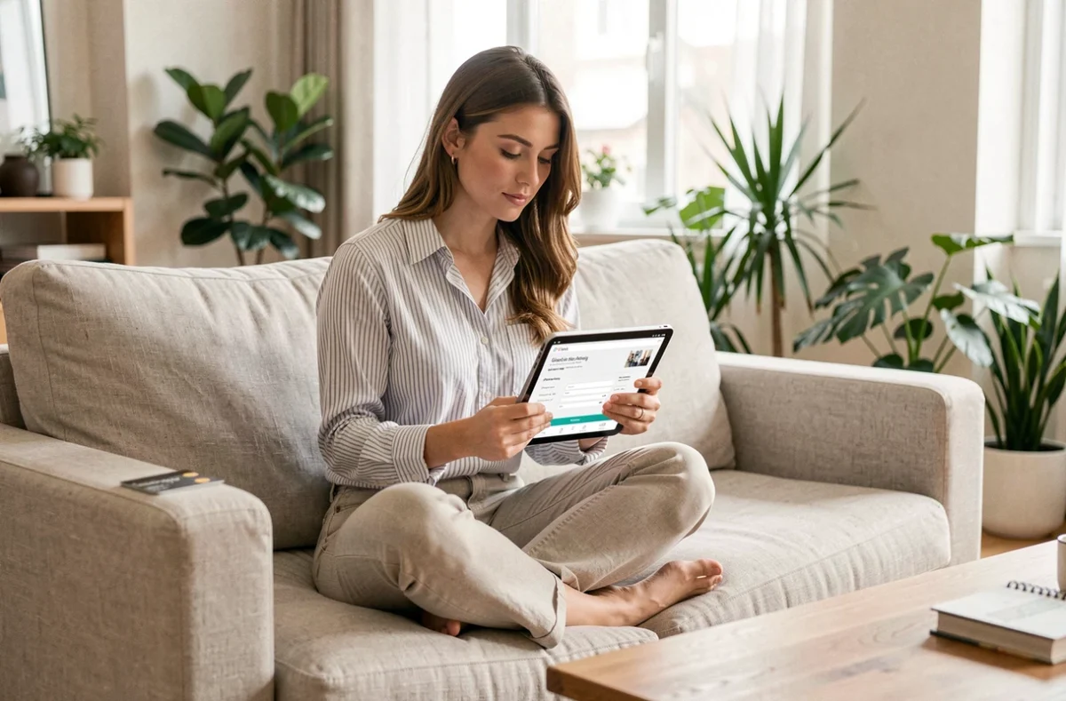 Jeune femme effectuant un achat en ligne sécurisé avec la carte virtuelle CMB Virtualis sur une tablette dans son salon