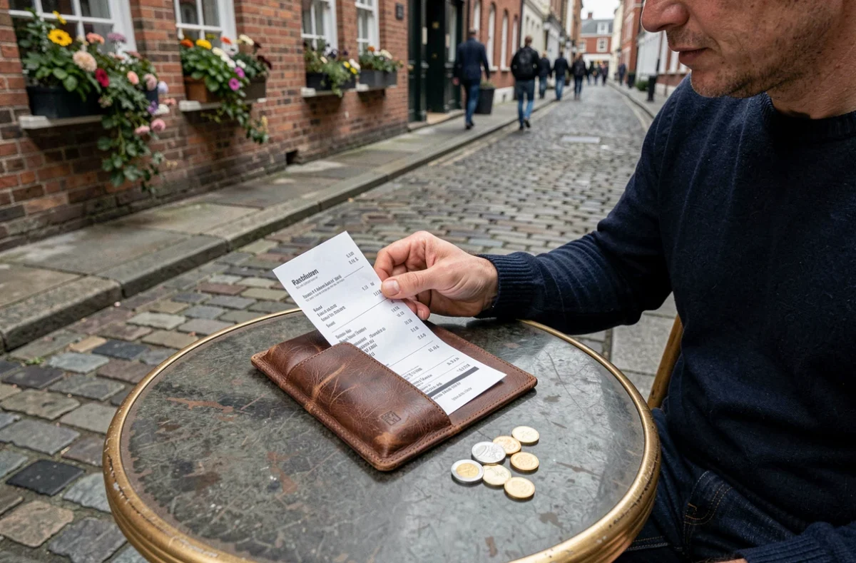 Un homme examinant l'addition dans un restaurant en terrasse sur une rue pavée de Dublin avec des pièces en euros sur la table