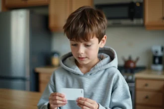 Adolescent tenant une carte bancaire prépayée pour mineur dans une cuisine moderne, illustrant l'ouverture d'un compte Pixpay