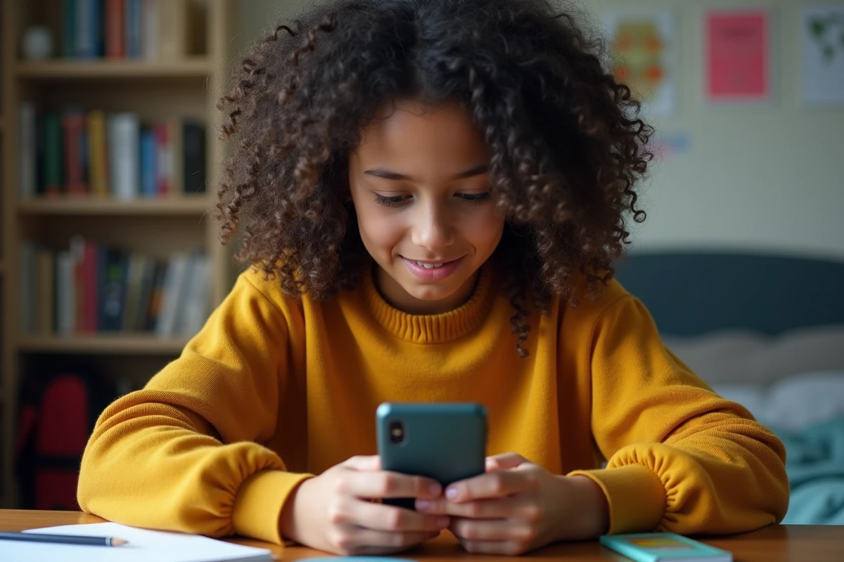 Adolescente consultant les frais de sa carte Pixpay sur une application mobile bancaire dans sa chambre