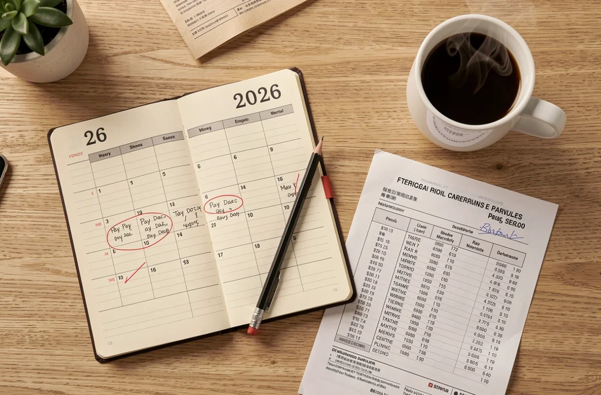 Bureau d'enseignant avec agenda 2026 et documents de paie annotés pour le calendrier annuel