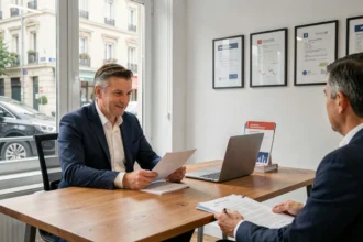 Agent d'assurance dans le Nord discutant avec un client dans une agence moderne