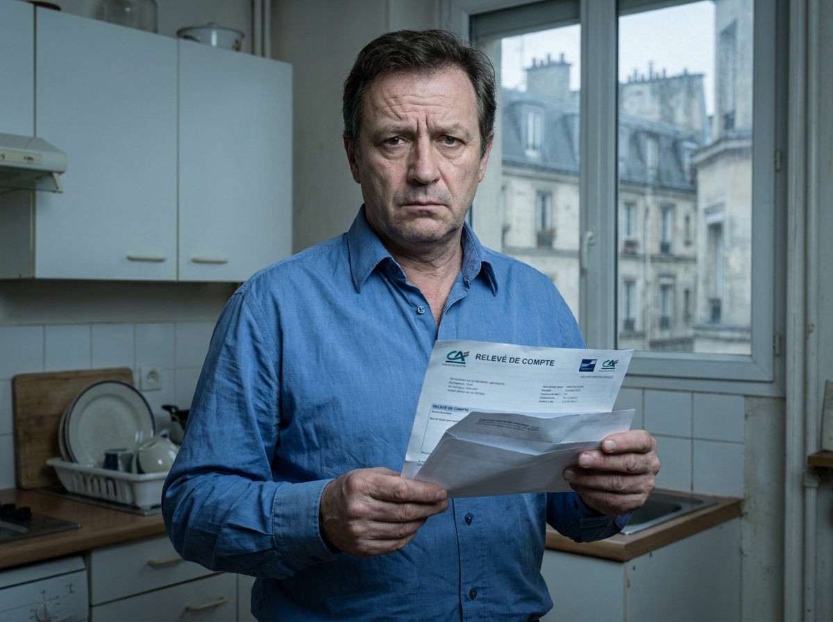 Agent public préoccupé consultant un relevé bancaire dans sa cuisine face à des mensualités trop lourdes
