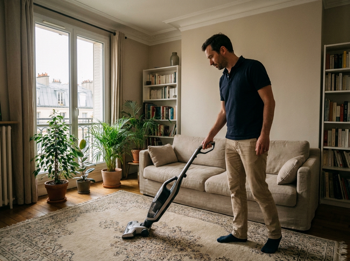 Agent de service à domicile passant l'aspirateur dans un salon d'un appartement à Puteaux grâce à Centre Services