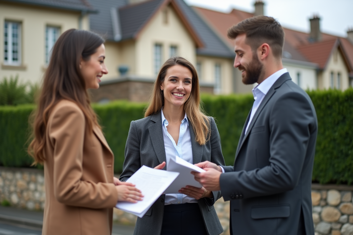 Agent immobilier discutant avec un couple devant une maison