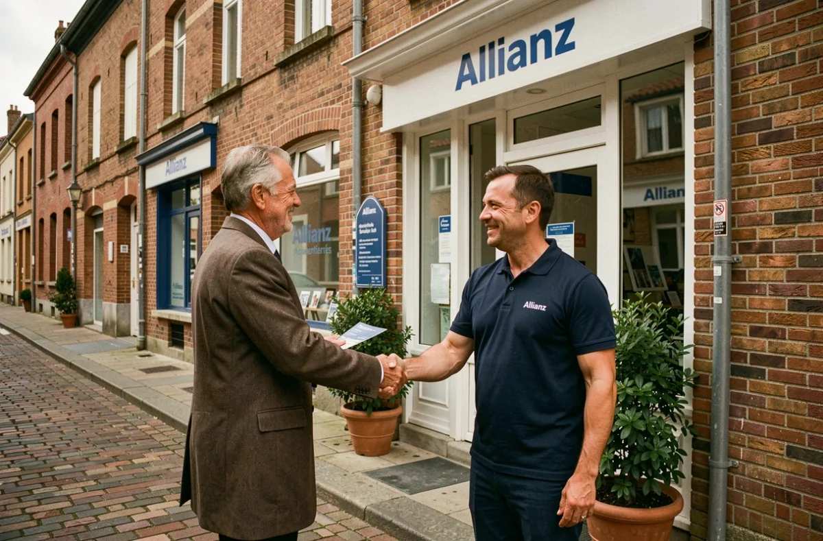 Conseiller Allianz accueillant un client devant l'agence d'Armentières
