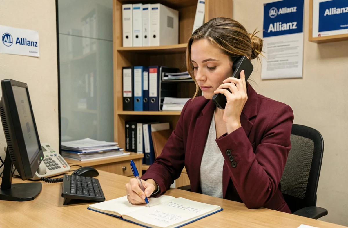 Conseillère Allianz prenant des notes par téléphone dans l'agence d'Aulnoye-Aymeries