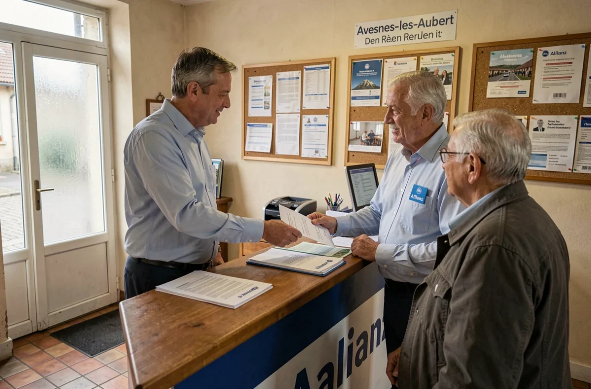 Agent Allianz remettant un document signé à un client dans l'agence d'Avesnes-les-Aubert