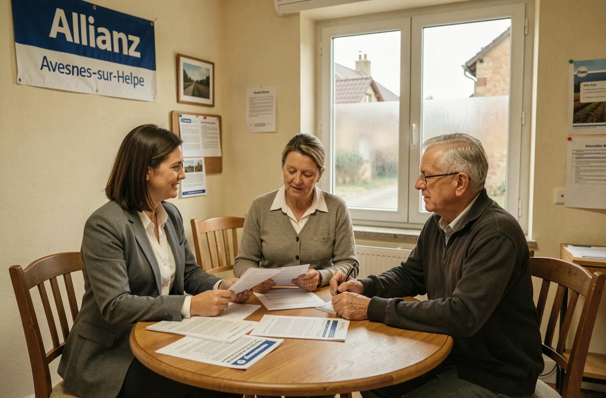 Agente Allianz présentant une police d'assurance à des clients à Avesnes-sur-Helpe