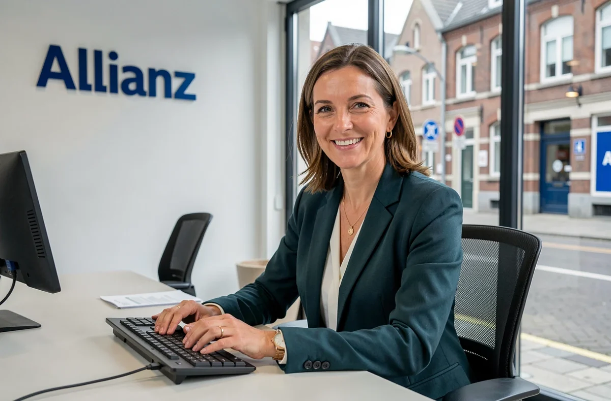 Agente Allianz souriante à son bureau dans l'agence de Lille