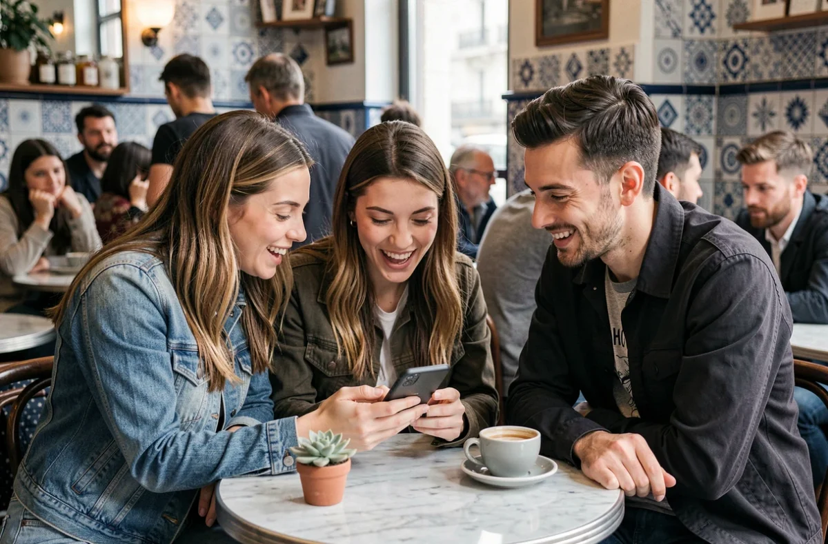 Groupe d'amis consultant une cagnotte participative sur smartphone dans un café