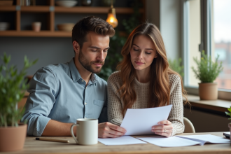 Deux amis discutent autour d'une table de cuisine avec papiers et cafés