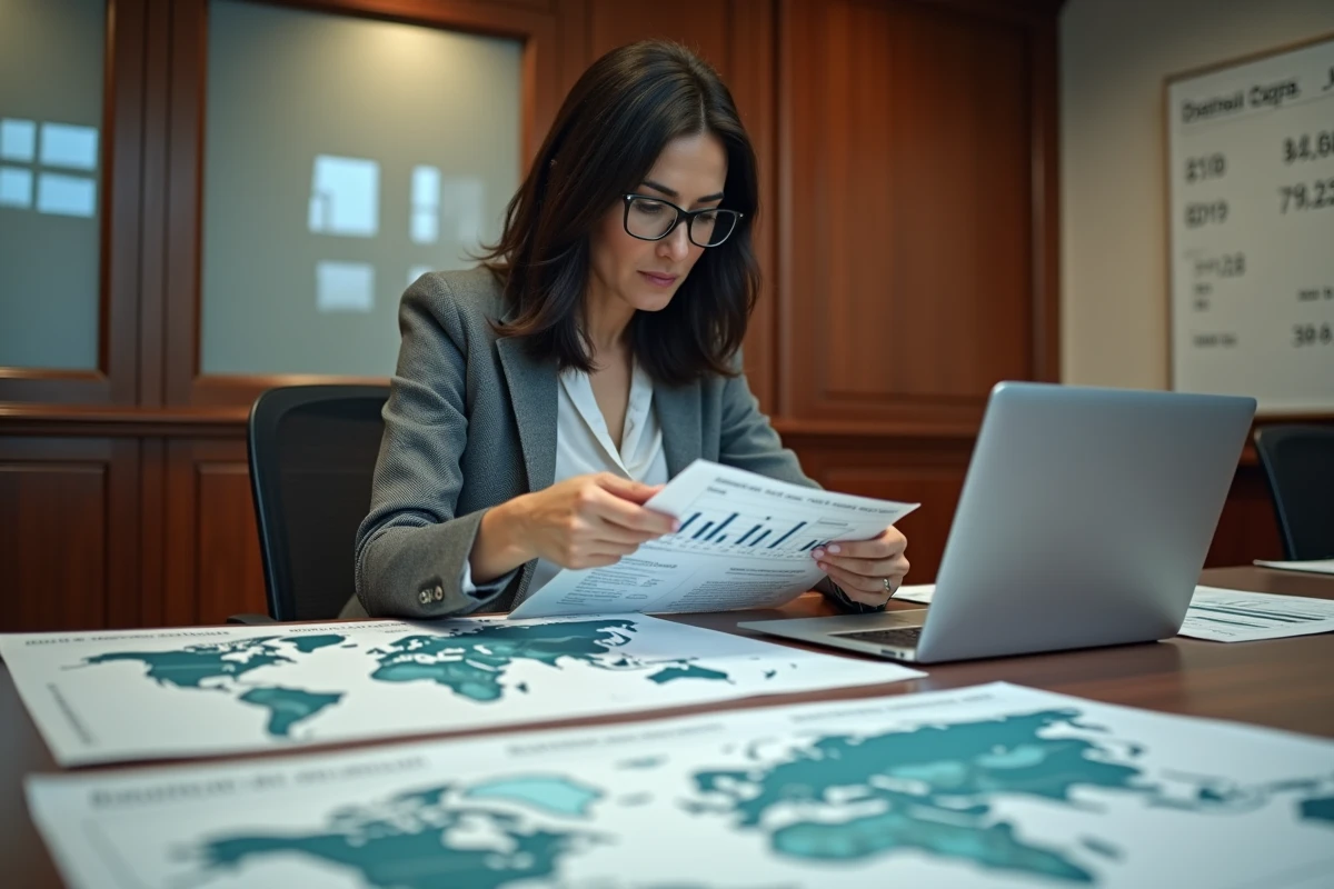 Analyste économique consultant des cartes et graphiques de PIB mondial dans une salle de réunion professionnelle