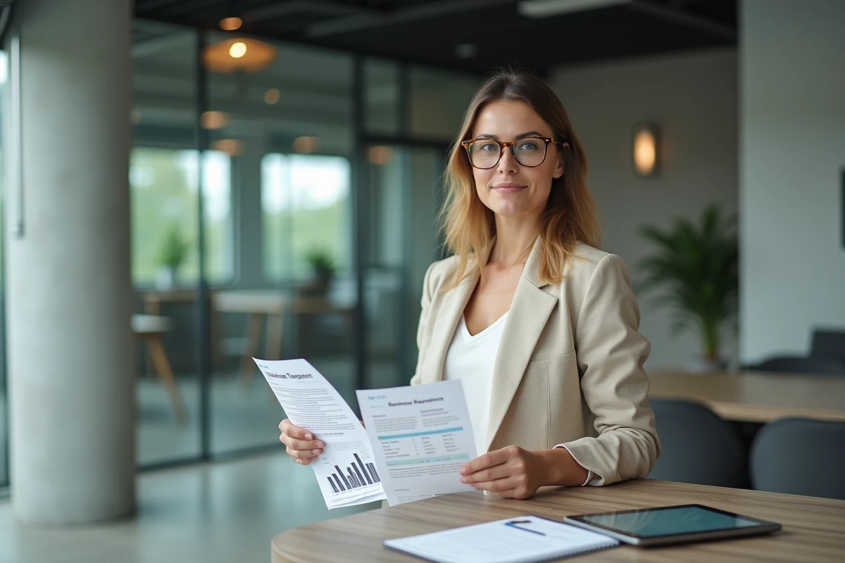 Femme entrepreneur analysant les documents d'un compte professionnel Hero banque dans un bureau moderne au démarrage de son activité