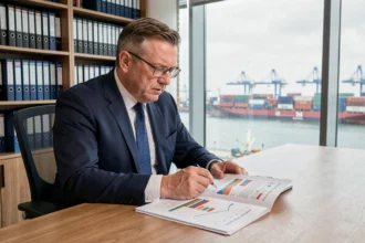 Analyste financier étudiant les résultats trimestriels de CMA CGM dans un bureau avec vue sur un port de conteneurs