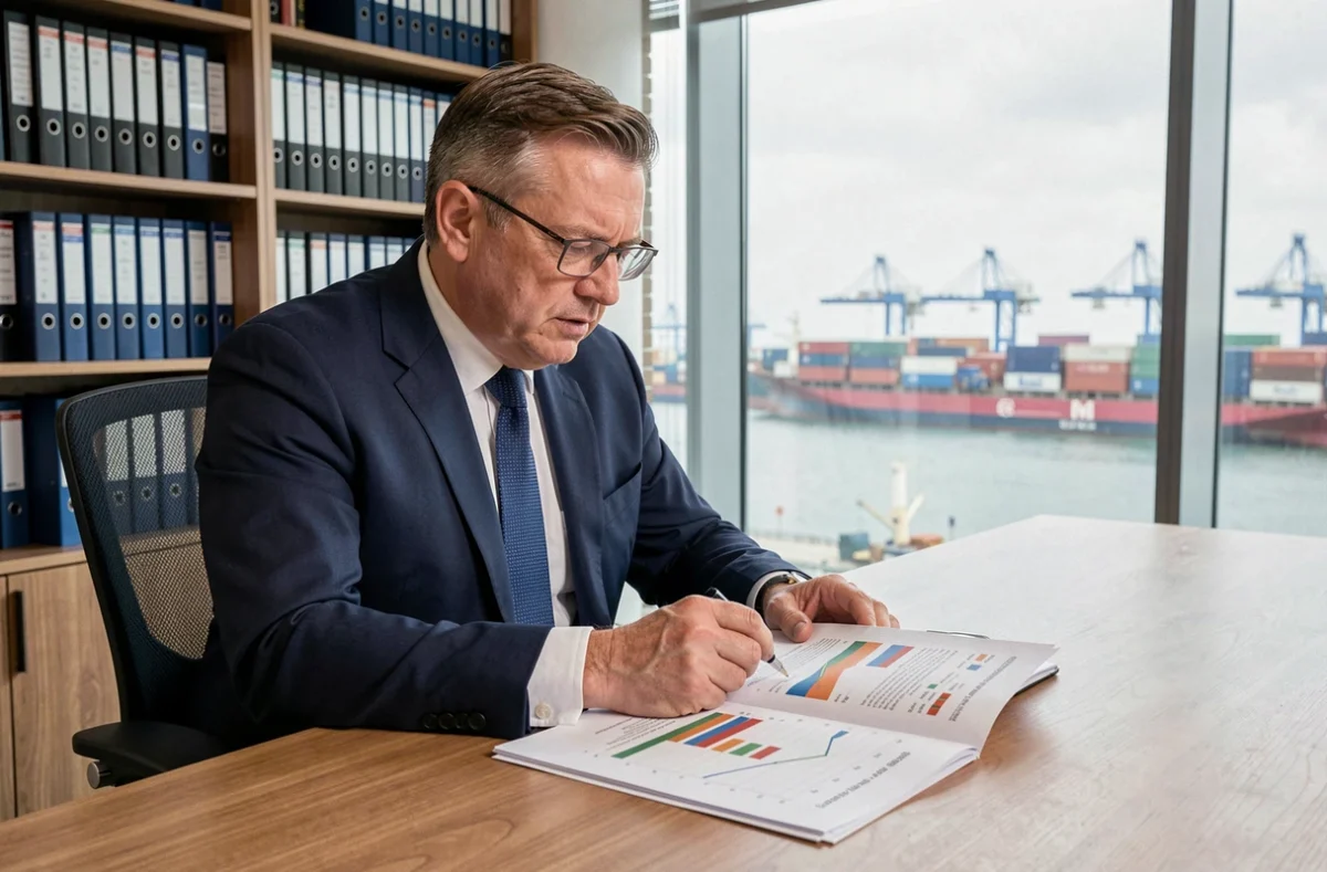 Analyste financier étudiant les résultats trimestriels de CMA CGM dans un bureau avec vue sur un port de conteneurs