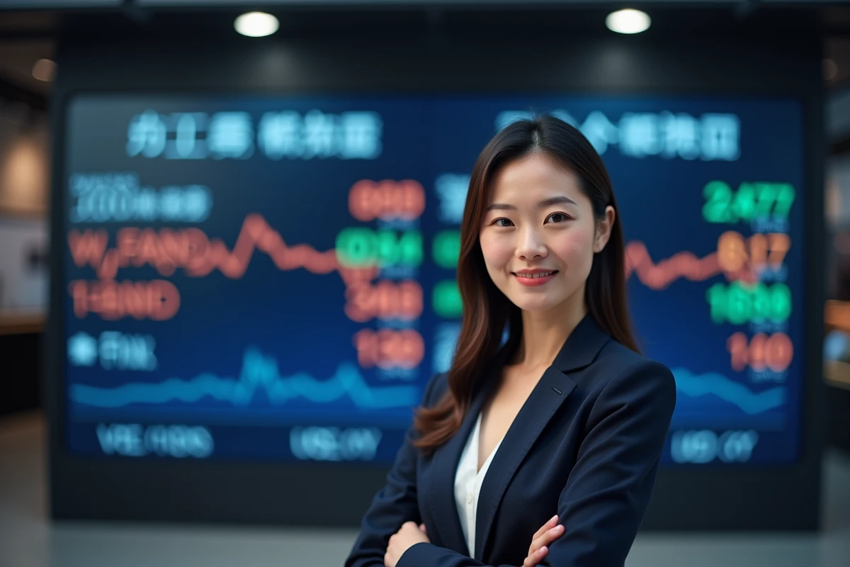Analyste financière debout devant un tableau d'affichage des indices boursiers asiatiques et des paires de devises forex dans un studio financier à Hong Kong