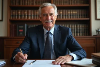 Homme d'affaires senior assis à un bureau avec des documents financiers, évoquant la fortune et la succession d'André-Louis Auzière