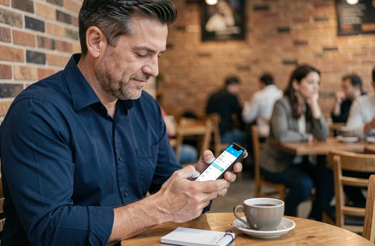 Homme consultant l'application bancaire CMB Virtualis sur smartphone dans un café pour sécuriser ses achats en ligne