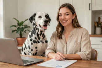 Femme consultant des documents d'assurance chien avec son Dalmatien assis à ses côtés à la maison
