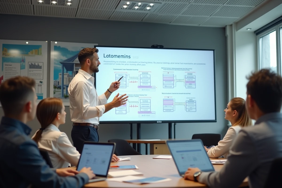 Formateur en assurance commerciale animant un atelier sur le Commercial Lines Manual devant un groupe de professionnels en salle de formation