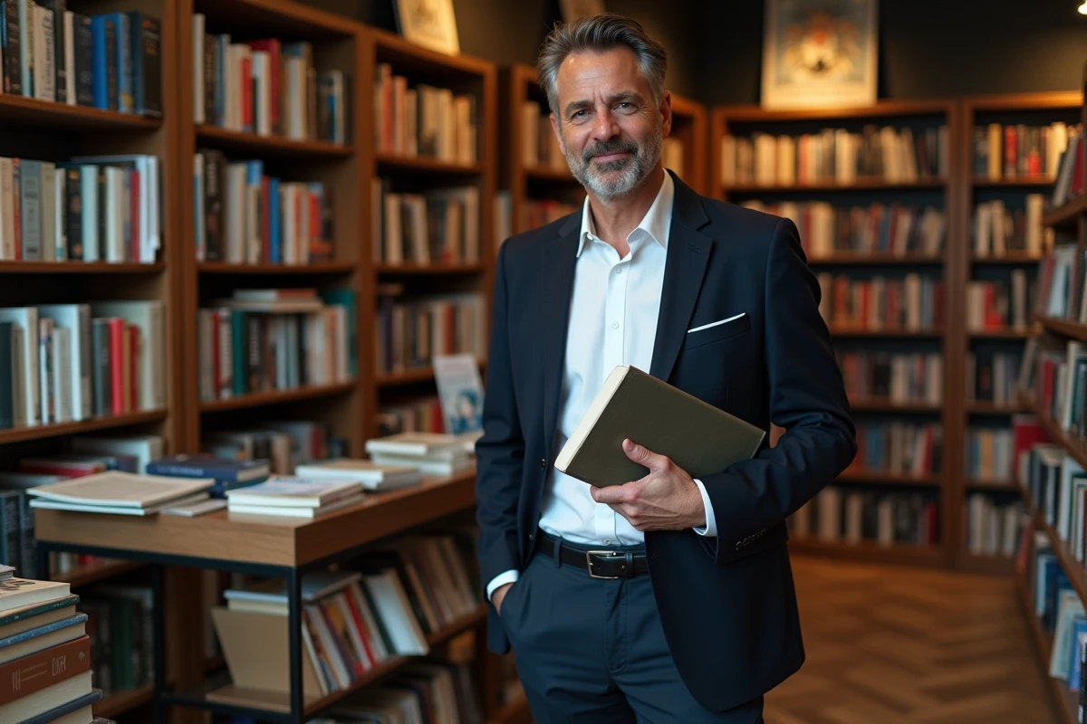 Auteur tenant son premier roman dans une librairie indépendante, symbolisant la réalité économique et les espoirs financiers d'un écrivain débutant.