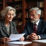 Les erreurs à éviter dans la succession de la communauté universelle Une femme âgée et un homme d'âge moyen en réunion officielle