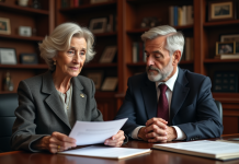 Les erreurs à éviter dans la succession de la communauté universelle Une femme âgée et un homme d'âge moyen en réunion officielle