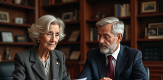 Les erreurs à éviter dans la succession de la communauté universelle Une femme âgée et un homme d'âge moyen en réunion officielle