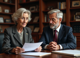 Les erreurs à éviter dans la succession de la communauté universelle Une femme âgée et un homme d'âge moyen en réunion officielle