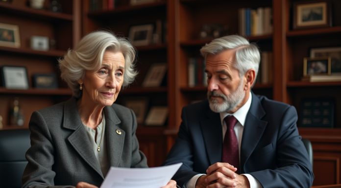 Les erreurs à éviter dans la succession de la communauté universelle Une femme âgée et un homme d'âge moyen en réunion officielle