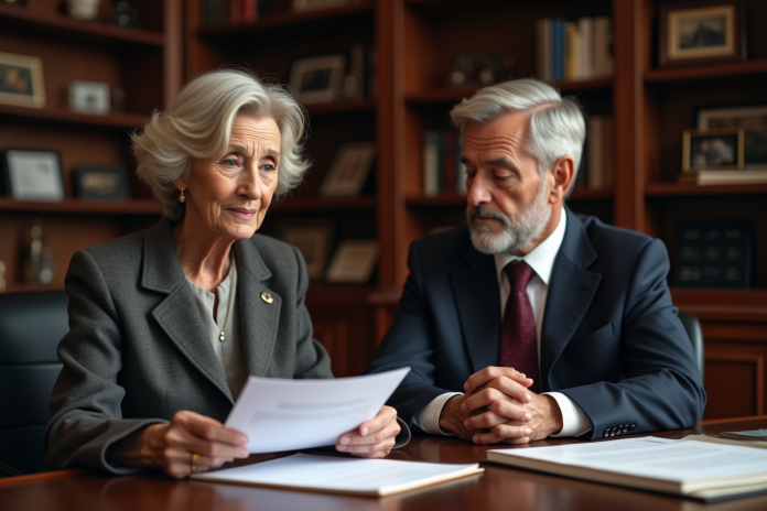 avocat-dossier-famille Une femme âgée et un homme d'âge moyen en réunion officielle
