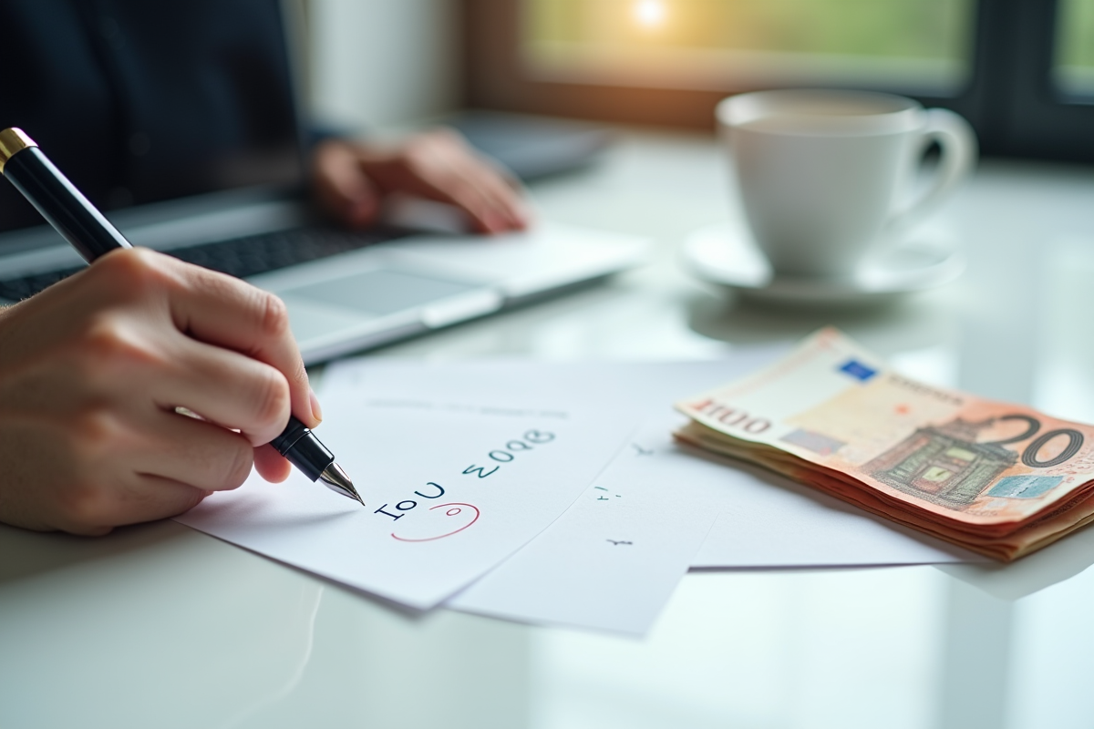 Main tenant une note IOU avec des billets euro sur un bureau clair