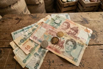 Billets et pièces de pesos argentins étalés sur une table en bois, vue de dessus, montrant différentes dénominations avec usure authentique