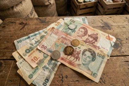Billets et pièces de pesos argentins étalés sur une table en bois, vue de dessus, montrant différentes dénominations avec usure authentique