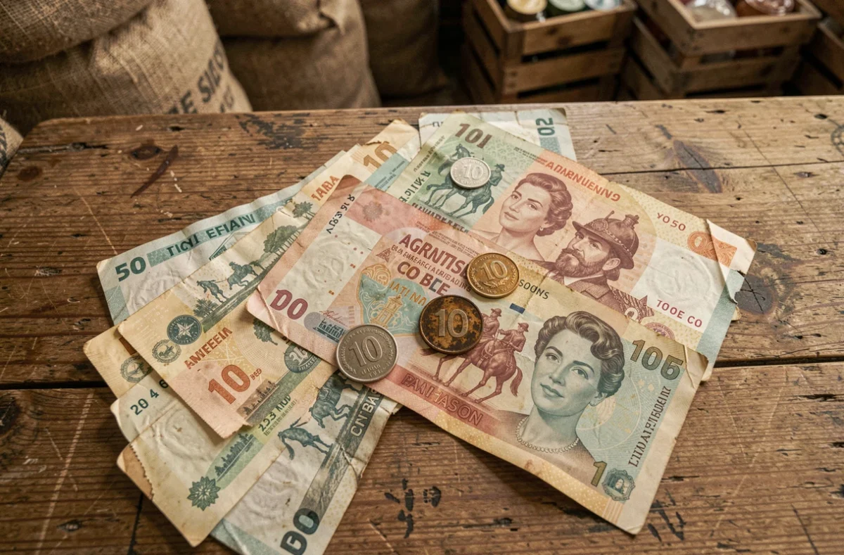 Billets et pièces de pesos argentins étalés sur une table en bois, vue de dessus, montrant différentes dénominations avec usure authentique