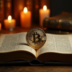 Pièce de Bitcoin dorée sur un vieux livre éclairé à la bougie
