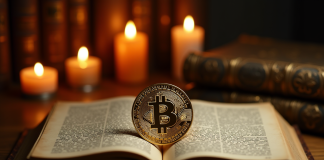 Pièce de Bitcoin dorée sur un vieux livre éclairé à la bougie