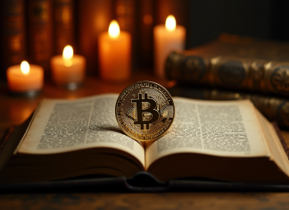Pièce de Bitcoin dorée sur un vieux livre éclairé à la bougie