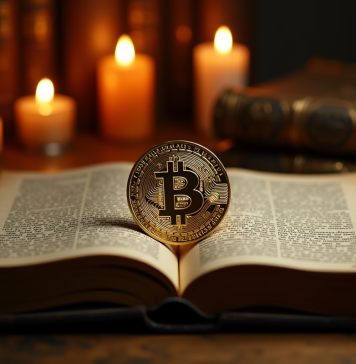 Pièce de Bitcoin dorée sur un vieux livre éclairé à la bougie