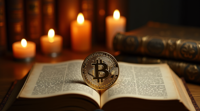 Pièce de Bitcoin dorée sur un vieux livre éclairé à la bougie