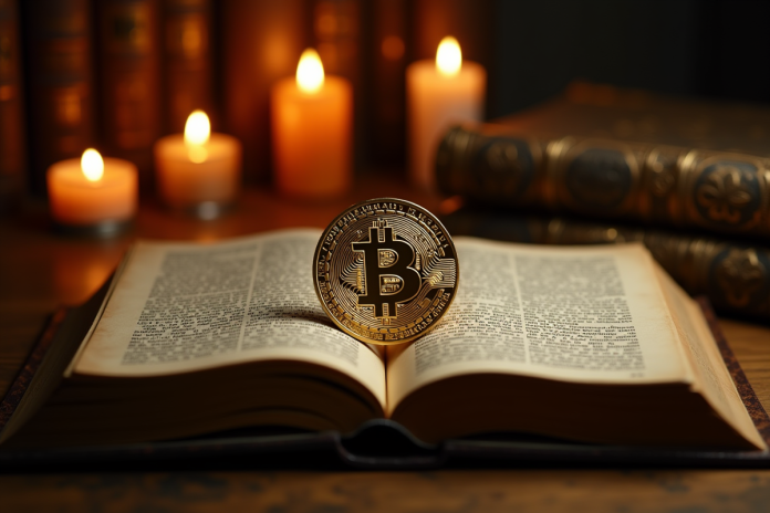 bitcoin-ancienne-livre-candle Pièce de Bitcoin dorée sur un vieux livre éclairé à la bougie