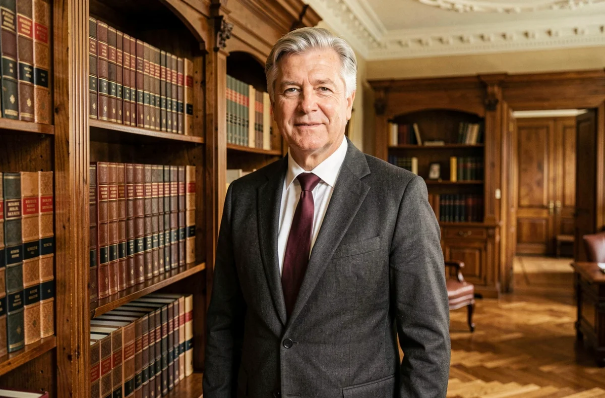 Conseiller du Cabinet Lasserre Patrimoine posant dans un bureau patrimonial élégant avec bibliothèque juridique en arrière-plan
