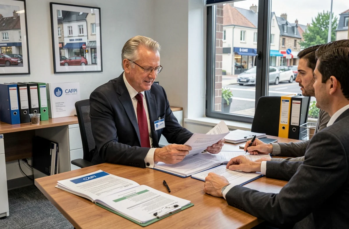 Un conseiller CAFPI dans le 93 accompagne des clients lors d'une consultation en agence pour un crédit immobilier