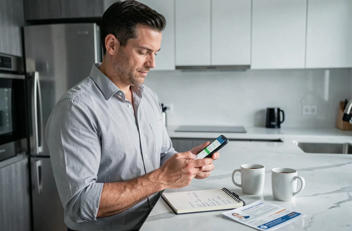 Homme frontalier consultant une application de calcul de salaire sur smartphone avec des documents de travail luxembourgeois sur un comptoir de cuisine moderne