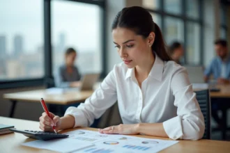 Femme calculant des taux d'évolution et des pourcentages de remise sur des feuilles de calcul imprimées au bureau