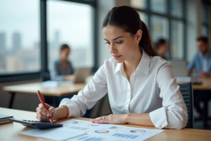 Femme calculant des taux d'évolution et des pourcentages de remise sur des feuilles de calcul imprimées au bureau