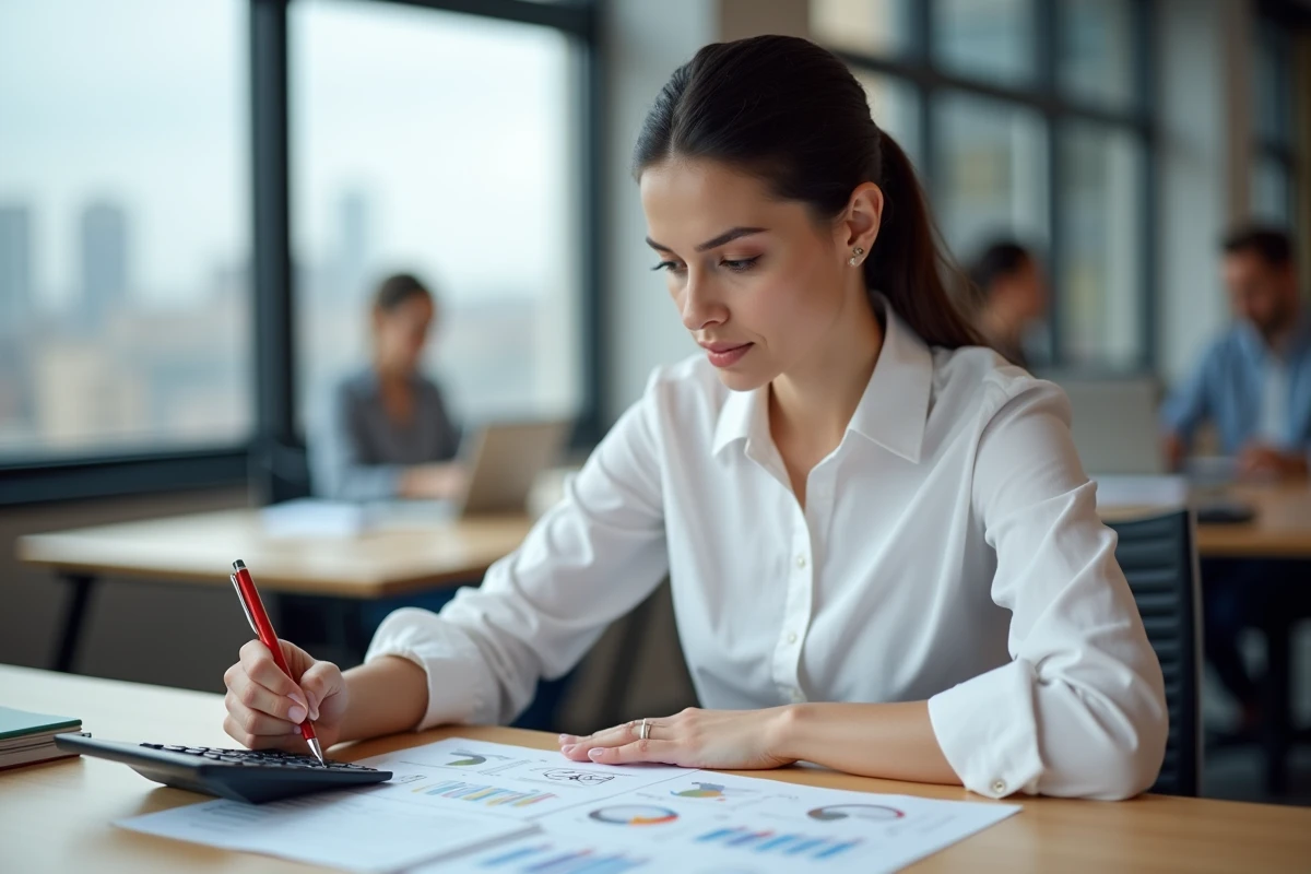 Femme calculant des taux d'évolution et des pourcentages de remise sur des feuilles de calcul imprimées au bureau