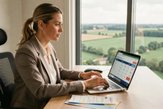Femme frontalière calculant son salaire net sur un ordinateur portable avec des fiches de paie et une carte frontalière France-Luxembourg posées sur le bureau